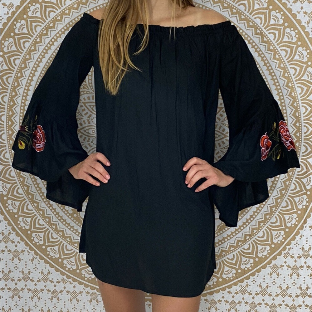 Feathers Black Embroidered Bell Sleeve Tunic